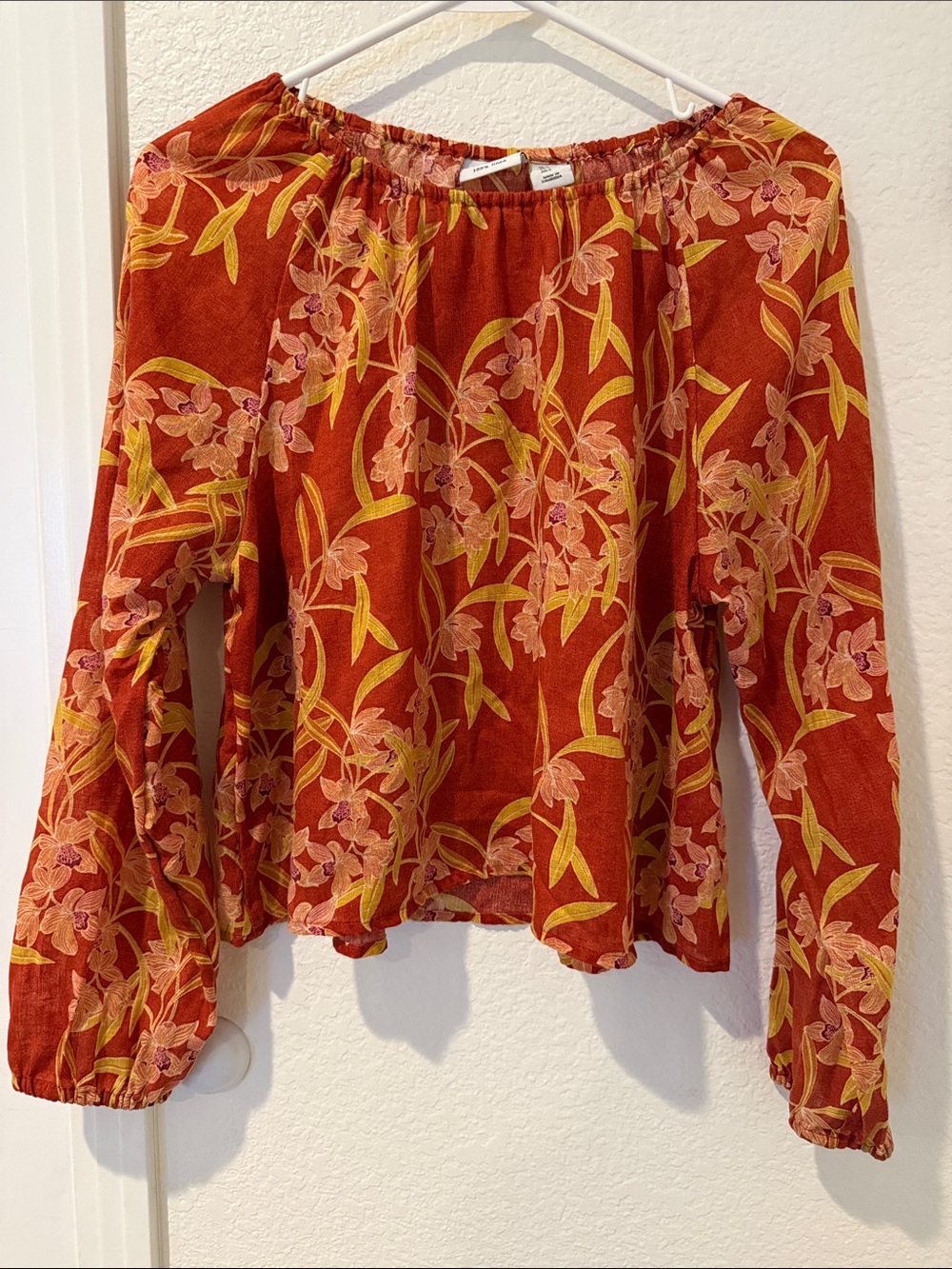 Rachel Zoe Rust Floral Off-Shoulder Blouse with Yellow and Pink Accents